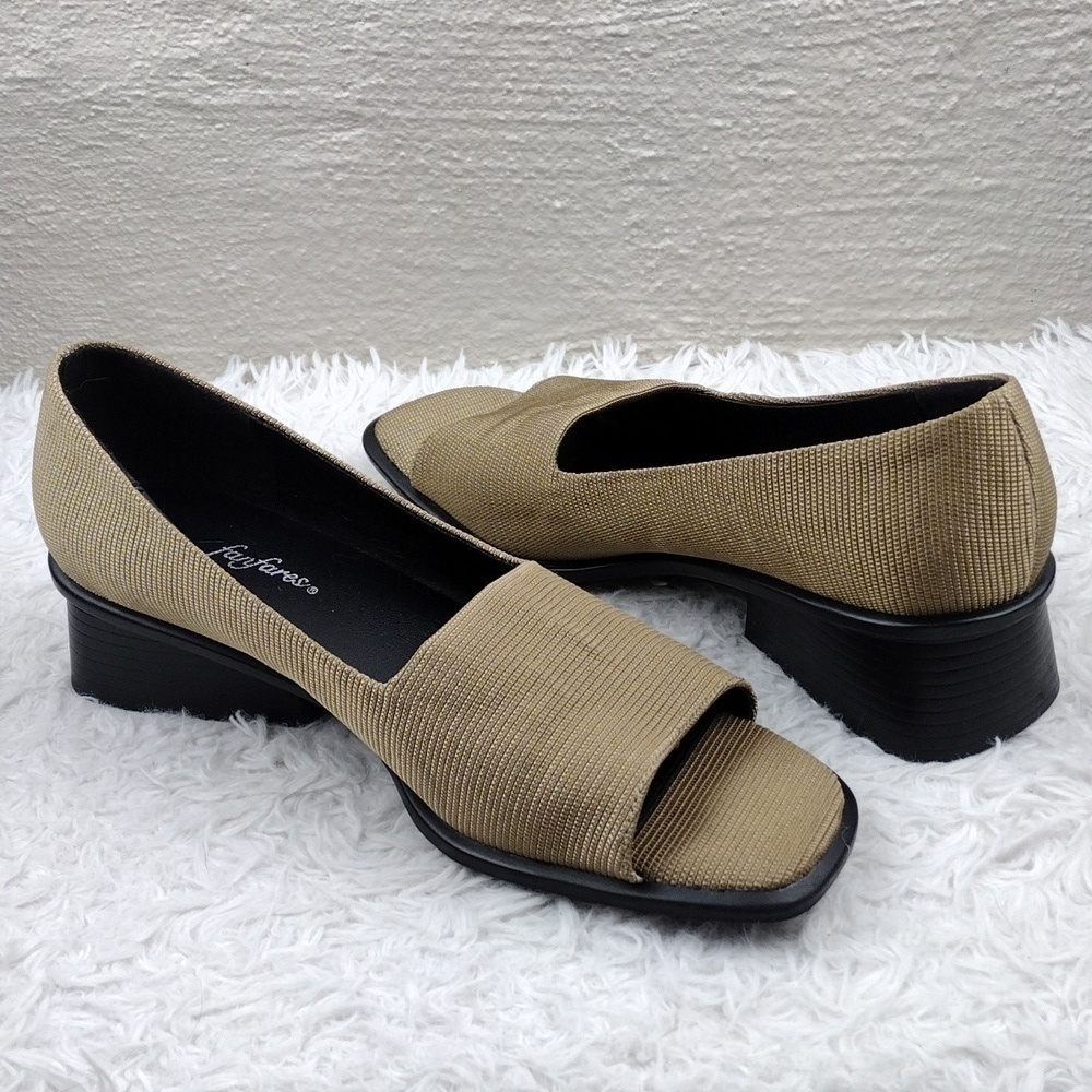 Fanfares Alex II Gold Tone Fabric Upper Square Open Toe Low Block-Heel Shoe